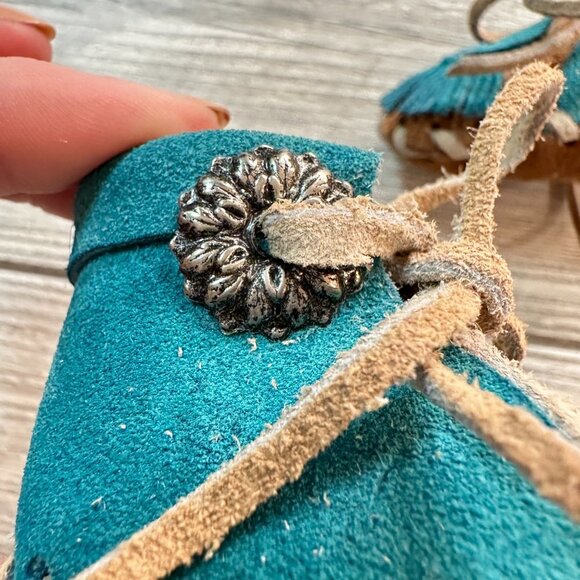 Hand Sewn Turquoise Deer Hide Baby Moccasins - Picture 11 of 16